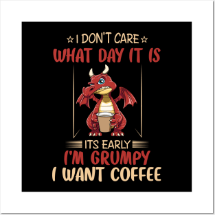 Funny Grumpy Dragon Coffee Lover Hate Morning Fantasy Animal Posters and Art